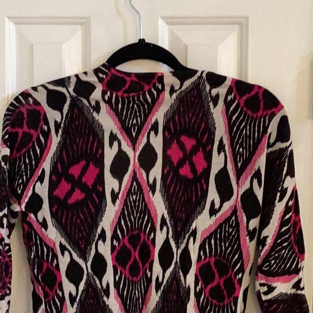 Tory Burch Low-Cut Deep V-Neck Black, White & Raspberry Cardigan - Picture 5 of 7